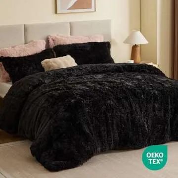 Intelligent Design Malea Shaggy Comforter Set, Long Faux Fur Cozy Down Alternative, Modern Casual Ultra Soft All Season Fluffy Bedding with Matching Sham, Full/Queen, Black 3 Piece