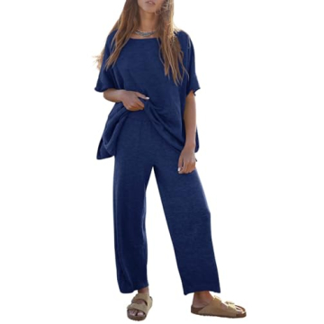 Tankaneo Women's 2 Piece Travel Outfits Casual Short Sleeve Knit Sweater Set Wide Leg Pants Lounge S...