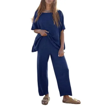 Tankaneo Women's 2 Piece Travel Outfits Casual Short Sleeve Knit Sweater Set Wide Leg Pants Lounge S...