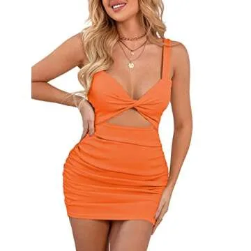 LYANER Women's Cut Out Twist Knot Front Ruched Bodycon Tank Sleeveless Mini Dress Orange Medium