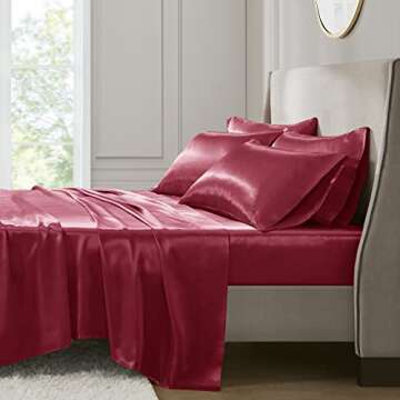Madison Park Essentials Satin Sheet Set Luxury and Silky with Natural Sheen, Elastic 14" Pocket fits up to 16" Mattress, All Around Elastic - Year-Round Bedding, Queen, Red, 6 Piece