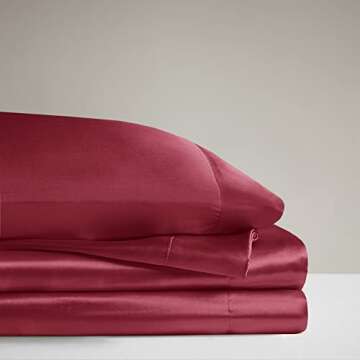 Madison Park Essentials Satin Sheet Set Luxury and Silky with Natural Sheen, Elastic 14" Pocket fits up to 16" Mattress, All Around Elastic - Year-Round Bedding, Queen, Red, 6 Piece