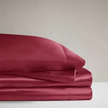 Madison Park Essentials Satin Sheet Set Luxury and Silky with Natural Sheen, Elastic 14" Pocket fits up to 16" Mattress, All Around Elastic - Year-Round Bedding, Queen, Red, 6 Piece