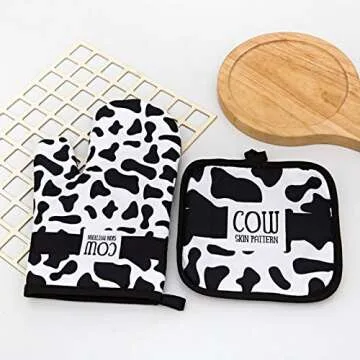 FSTIKO Milk Cow Oven Mitts and Pot Holders Sets 4 Pieces, Hot Pads Cotton Quilted Kitchen Mittens BBQ Gloves with Potholders Kitchen Microwave Gloves for Baking Cooking Grilling