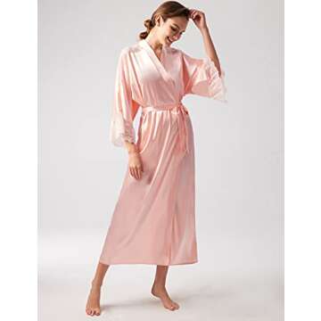 PRODESIGN Satin Kimono Lace Robe Long Silky Kimono Bathrobe with Lace Trim Sleepwear Wedding Bridesmaid Robe