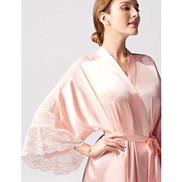 PRODESIGN Satin Kimono Lace Robe Long Silky Kimono Bathrobe with Lace Trim Sleepwear Wedding Bridesmaid Robe