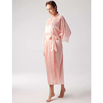 PRODESIGN Satin Kimono Lace Robe Long Silky Kimono Bathrobe with Lace Trim Sleepwear Wedding Bridesmaid Robe