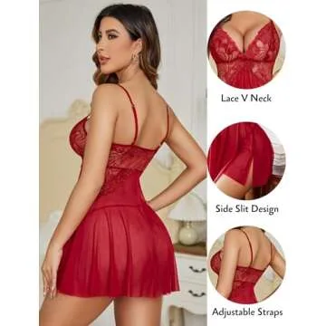 Avidlove Women Lace Lingerie for Valentine Babydoll Sexy Sleepwear V Neck Nightgown Side Split Night...