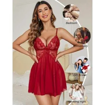 Avidlove Women Lace Lingerie for Valentine Babydoll Sexy Sleepwear V Neck Nightgown Side Split Nighties Nightdress Dark Red
