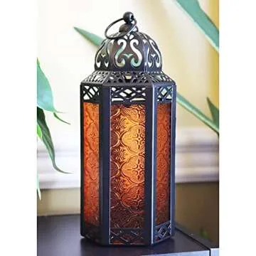 VELA LANTERNS Moroccan Candle Lantern Decorative Candle Holder Lamp for Table or Hanging, Ramadan and Halloween Decorations, Outdoor Patio or Porch, Weddings, Black Metal, Amber Orange Glass, Medium