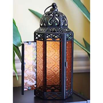 VELA LANTERNS Moroccan Candle Lantern Decorative Candle Holder Lamp for Table or Hanging, Ramadan and Halloween Decorations, Outdoor Patio or Porch, Weddings, Black Metal, Amber Orange Glass, Medium