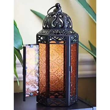 VELA LANTERNS Moroccan Candle Lantern Decorative Candle Holder Lamp for Table or Hanging, Ramadan and Halloween Decorations, Outdoor Patio or Porch, Weddings, Black Metal, Amber Orange Glass, Medium