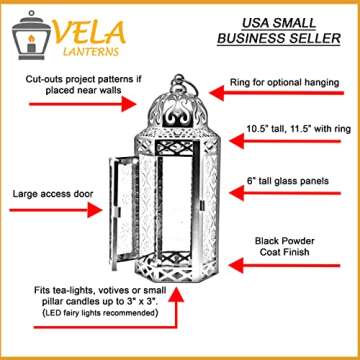 VELA LANTERNS Moroccan Candle Lantern Decorative Candle Holder Lamp for Table or Hanging, Ramadan and Halloween Decorations, Outdoor Patio or Porch, Weddings, Black Metal, Amber Orange Glass, Medium