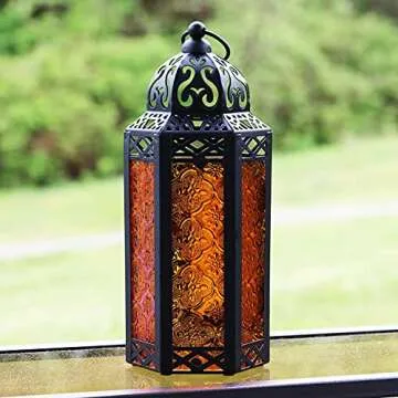 VELA LANTERNS Moroccan Candle Lantern Decorative Candle Holder Lamp for Table or Hanging, Ramadan and Halloween Decorations, Outdoor Patio or Porch, Weddings, Black Metal, Amber Orange Glass, Medium