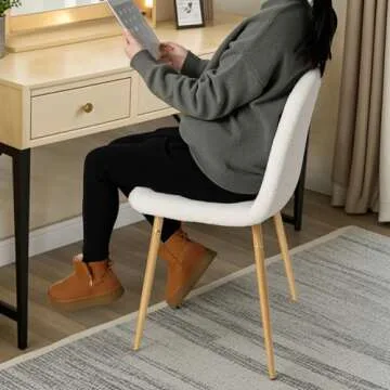 CangLong Dining Chairs Set of 2, Upholstered Fabric Armless Dining Room Seating Kitchen Chairs, Fleece Side Chair Mid-Back with Metal Legs for Dining & Living Room, Guest, Cream White