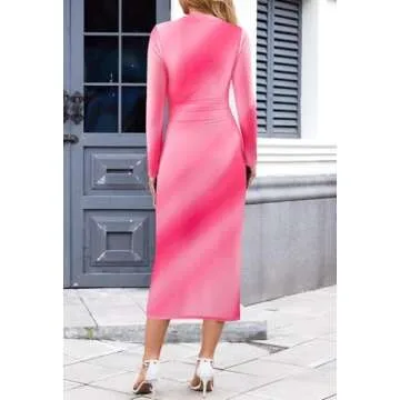 MEROKEETY Women's 2024 Long Sleeve Tie Dye Dress Bodycon Mock Neck Mesh Ruched Cocktail Maxi Dresses, Pink, M