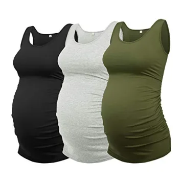 AMPOSH Women's Maternity Tank Top 3 Pack Ruched Side Sleeveless Shirt (Black/Gray/Olive, S)