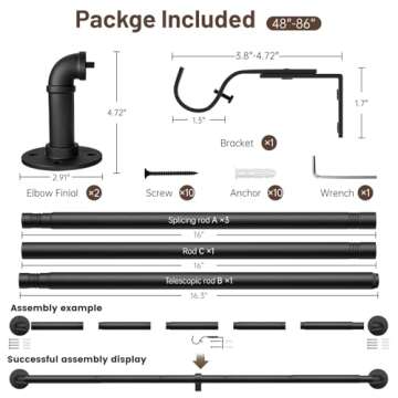 Zeerobee Curtain Rods for Windows 48 to 84, 1 Inch Industrial Curtain Rod, Wrap Around Black Curtain Rods, Indoor/Outdoor Curtain Rod, Room Divider Curtain Rod, Adjustable Curtain Rod, 48-86"