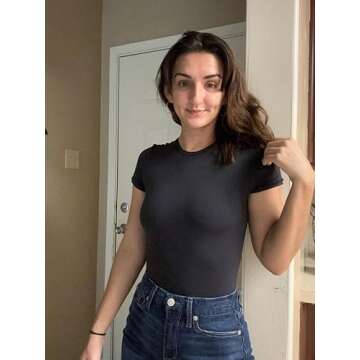 SUUKSESS Women Short Sleeve Bodysuit Crew Neck Thong Body Suit Shirts Basic Tops (Black, XS)