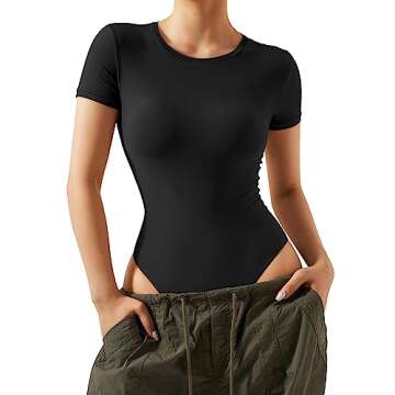 SUUKSESS Women Short Sleeve Bodysuit Crew Neck Thong Body Suit Shirts Basic Tops (Black, XS)