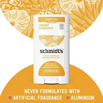 Schmidt's Aluminum Free Baking Soda-Free Sensitive Skin Natural Deodorant For 24 Hour Odor Protection and Freshness, Coconut + Pineapple Vegan, Certified Cruelty Free, 3.25 oz