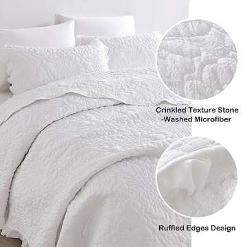 HORIMOTE HOME White Ruffled Quilt Queen Size, Stone-Washed Microfiber Lightweight Crinkled Farmhouse...