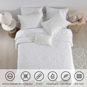 HORIMOTE HOME White Ruffled Quilt Queen Size, Stone-Washed Microfiber Lightweight Crinkled Farmhouse Rustic Shabby Chic Bedding Set, 3 Pieces Reversible Bedspread with Pillow Shams for All Season