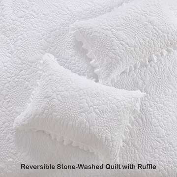 HORIMOTE HOME White Ruffled Quilt Queen Size, Stone-Washed Microfiber Lightweight Crinkled Farmhouse Rustic Shabby Chic Bedding Set, 3 Pieces Reversible Bedspread with Pillow Shams for All Season