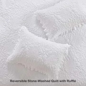 HORIMOTE HOME White Ruffled Quilt Queen Size, Stone-Washed Microfiber Lightweight Crinkled Farmhouse Rustic Shabby Chic Bedding Set, 3 Pieces Reversible Bedspread with Pillow Shams for All Season