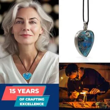 BESHEEK Handmade Murano Inspired Metal Frame Blown Glass Lampwork Art Pendant Necklace for Women│ Handcrafted Artisan Hypoallergenic Italian Style Jewelry (Blue and Gold Heart)