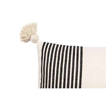 Creative Co-Op Cotton & Chenille Vertical Black Stripes, Tassels & Solid Cream Back Pillows, Pack of 1
