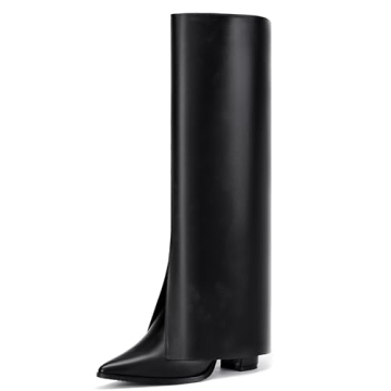 IDIFU Black Knee High Women Shark Boots Fold Over Tall High Chunky Heel Boots Pointed Toe Block Heel...