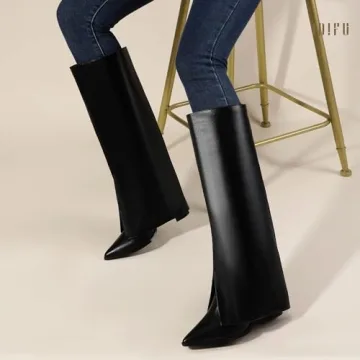IDIFU Stylish Black Knee High Shark Boots for Women