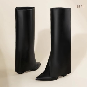 IDIFU Stylish Black Knee High Shark Boots for Women