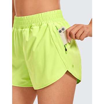 CRZ YOGA Womens High Waisted Running Shorts Mesh Liner 3'' Dolphin Quick Dry for Athletic Gym Track Workout with Zip Pocket Neon Yellow Medium