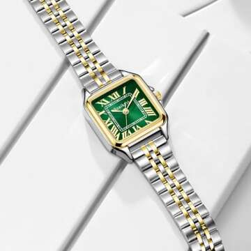 Szaikyri Classic Square Watches for Women with Roman Numerals Ladies Casual Dress Watch (Silver&Gold-Green)
