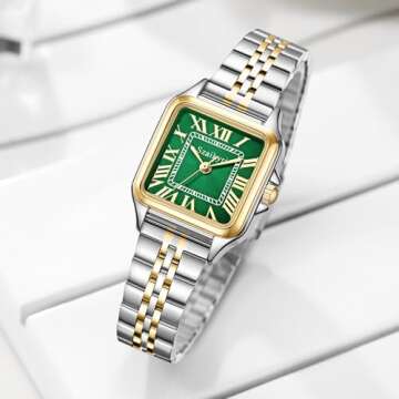 Szaikyri Classic Square Watches for Women with Roman Numerals Ladies Casual Dress Watch (Silver&Gold-Green)