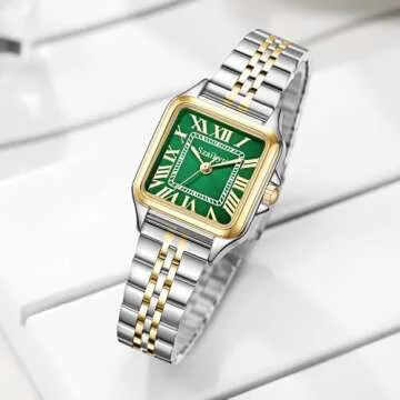 Szaikyri Classic Square Watches for Women with Roman Numerals Ladies Casual Dress Watch (Silver&Gold-Green)