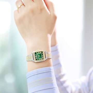 Szaikyri Classic Square Watches for Women with Roman Numerals Ladies Casual Dress Watch (Silver&Gold-Green)