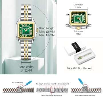 Szaikyri Classic Square Watches for Women with Roman Numerals Ladies Casual Dress Watch (Silver&Gold-Green)