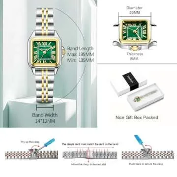 Szaikyri Classic Square Watches for Women with Roman Numerals Ladies Casual Dress Watch (Silver&Gold-Green)