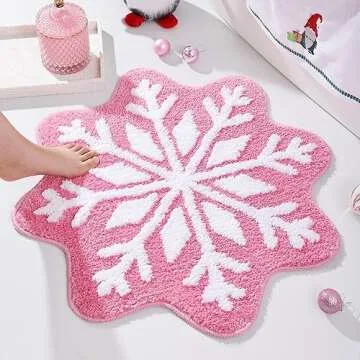 TRUEDAYS Pink Christmas Decor Snowflake Bathroom Rug