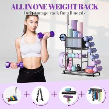 Mythinglogic Dumbbell Rack for Home Gym, Weight Rack for Dumbbells Hold up to 420 Pounds, Multifunctional Yoga Mat Holder for Barbell plates and Kettlebells, Home Gym Storage Rack with Casters