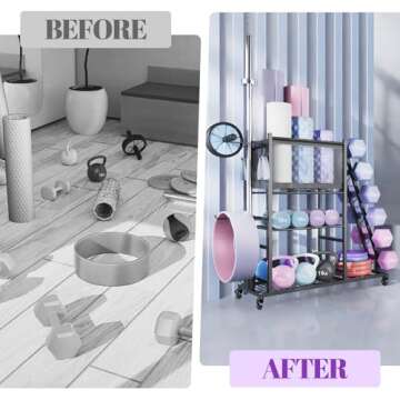 Mythinglogic Dumbbell Rack for Home Gym, Weight Rack for Dumbbells Hold up to 420 Pounds, Multifunctional Yoga Mat Holder for Barbell plates and Kettlebells, Home Gym Storage Rack with Casters