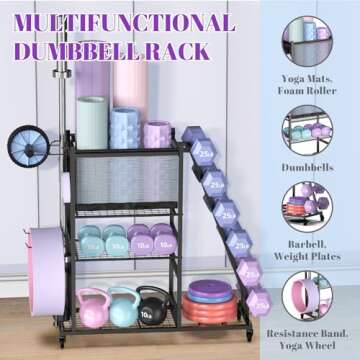 Mythinglogic Dumbbell Rack for Home Gym, Weight Rack for Dumbbells Hold up to 420 Pounds, Multifunctional Yoga Mat Holder for Barbell plates and Kettlebells, Home Gym Storage Rack with Casters