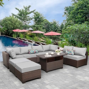 Lviden 9 Pieces Wicker Patio Furniture Set Outdoor PE Rattan Sectional Conversation Sofa Set with Grey Cushions and Storage Table