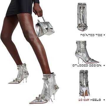 Ancomafio Ankle Boots for Women Stiletto Heel Punk Boots Studded Boots Pointed Toe Rivets Tassel Boot Sexy High Heel Zipper