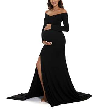 ForBaysy Maternity Dress for Photoshoot, Off Shoulder Long Dress - Elegant Maternity Gown in Black