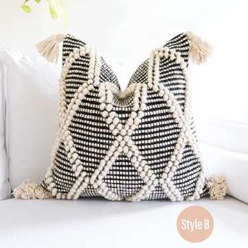 Boho Woven Pillow Cover with Tassels - 18x18 inch Throw Cushion