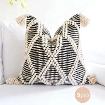 Boho Woven Pillow Cover with Tassels - 18x18 inch Throw Cushion